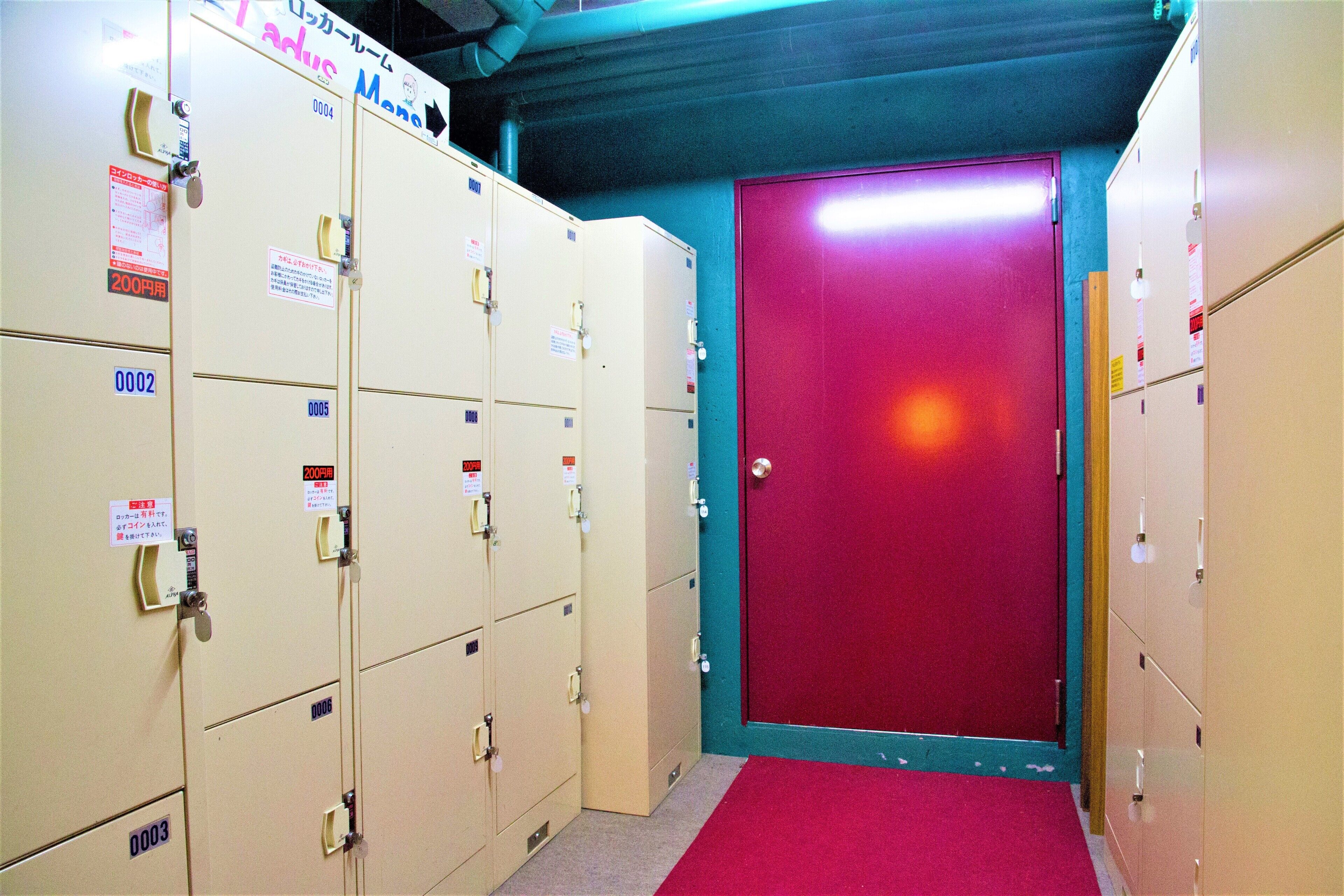 A hallway with beige lockers numbered 0002 to 0006, a red door, and a red carpet.