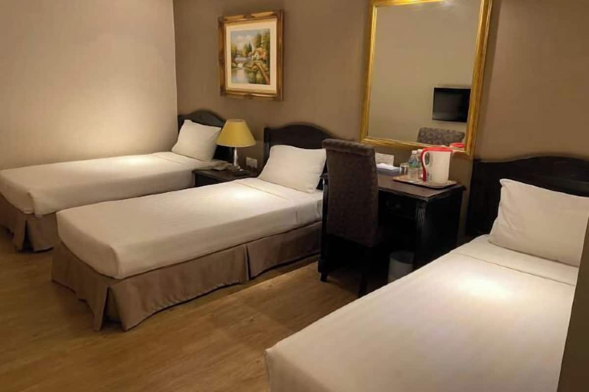 Desk, blackout drapes, iron/ironing board