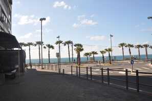 A paved walkway with palm trees, a street, and a view of the sea.