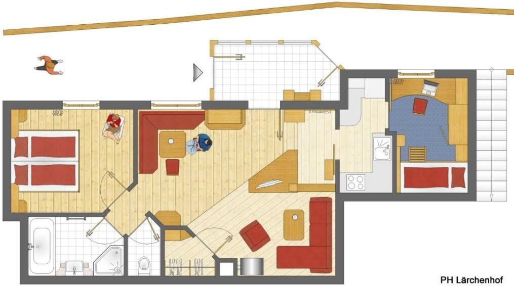 A hotel floor plan with a kitchen, dining area, two bedrooms, and a bathroom.