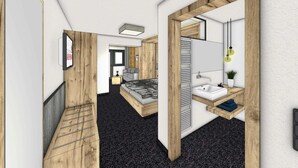 Un dormitorio moderno con cama, mesita de noche y espejo.