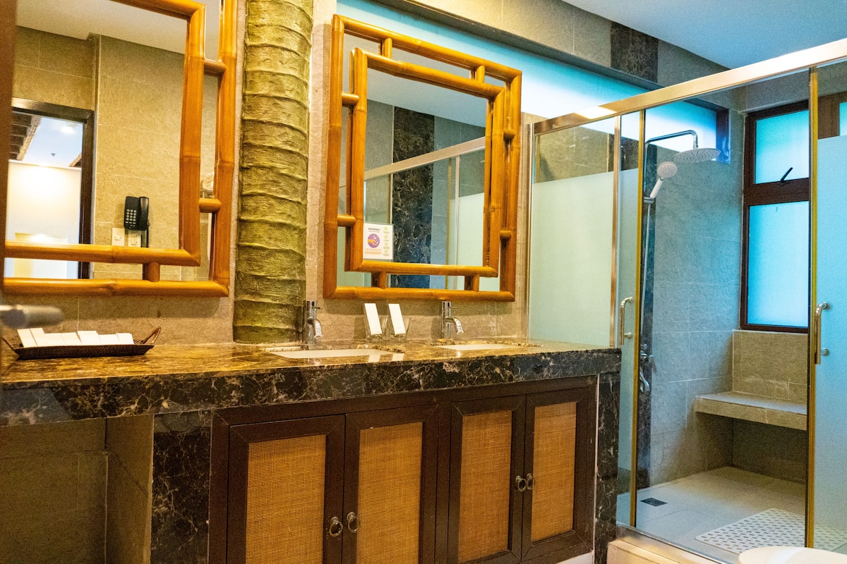 combined shower/bathtub, free toiletries, hair dryer, bathrobes