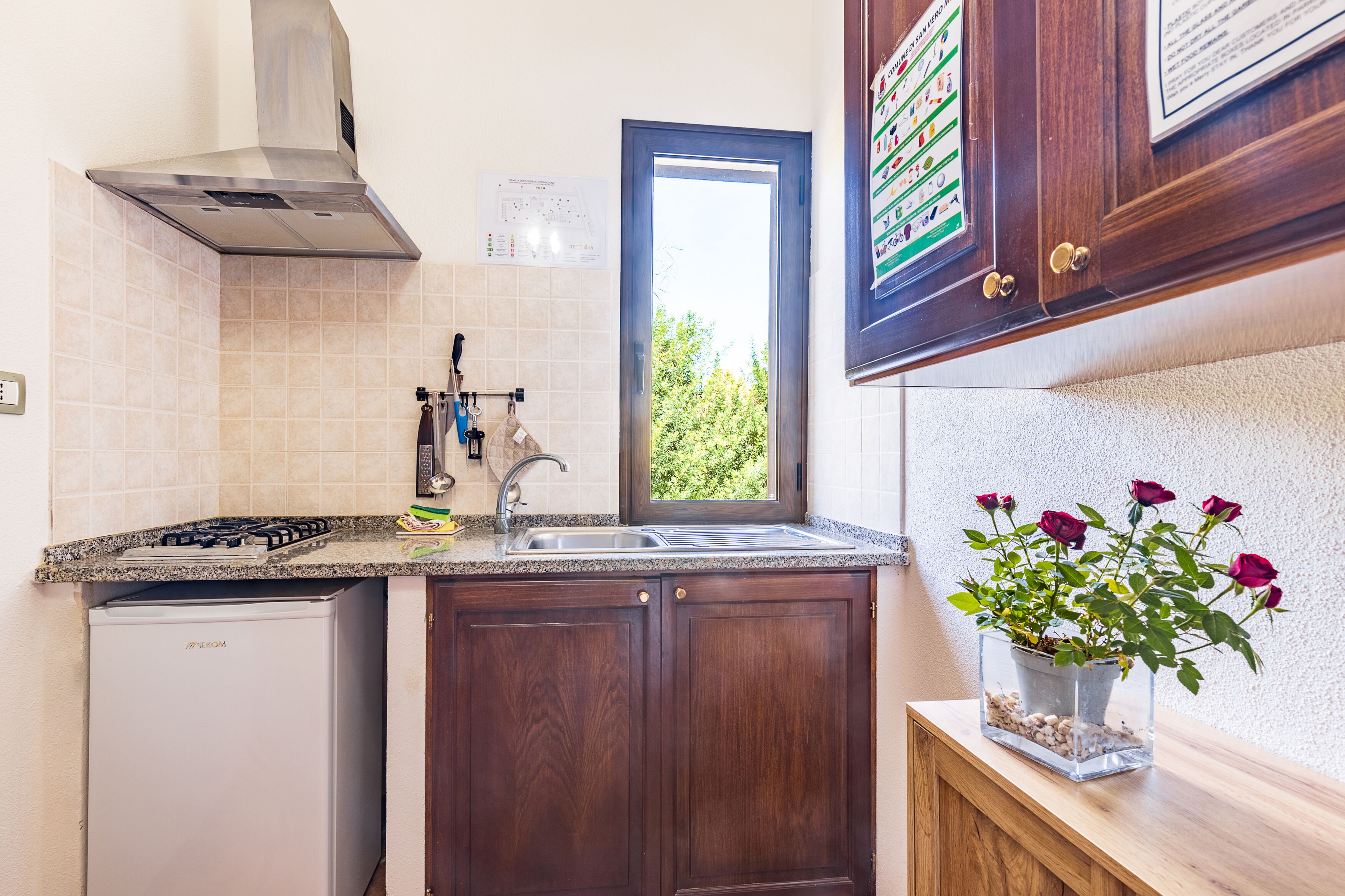 Una cucina con fornello a gas, lavello e pensili in legno.