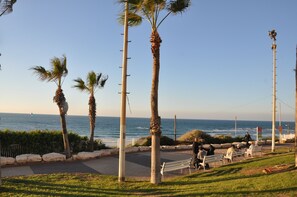 A coastal promenade with palm trees, benches, and a clear view of the sea. - Isra Home Rothschild 8-3 Apartment (Bat Yam)