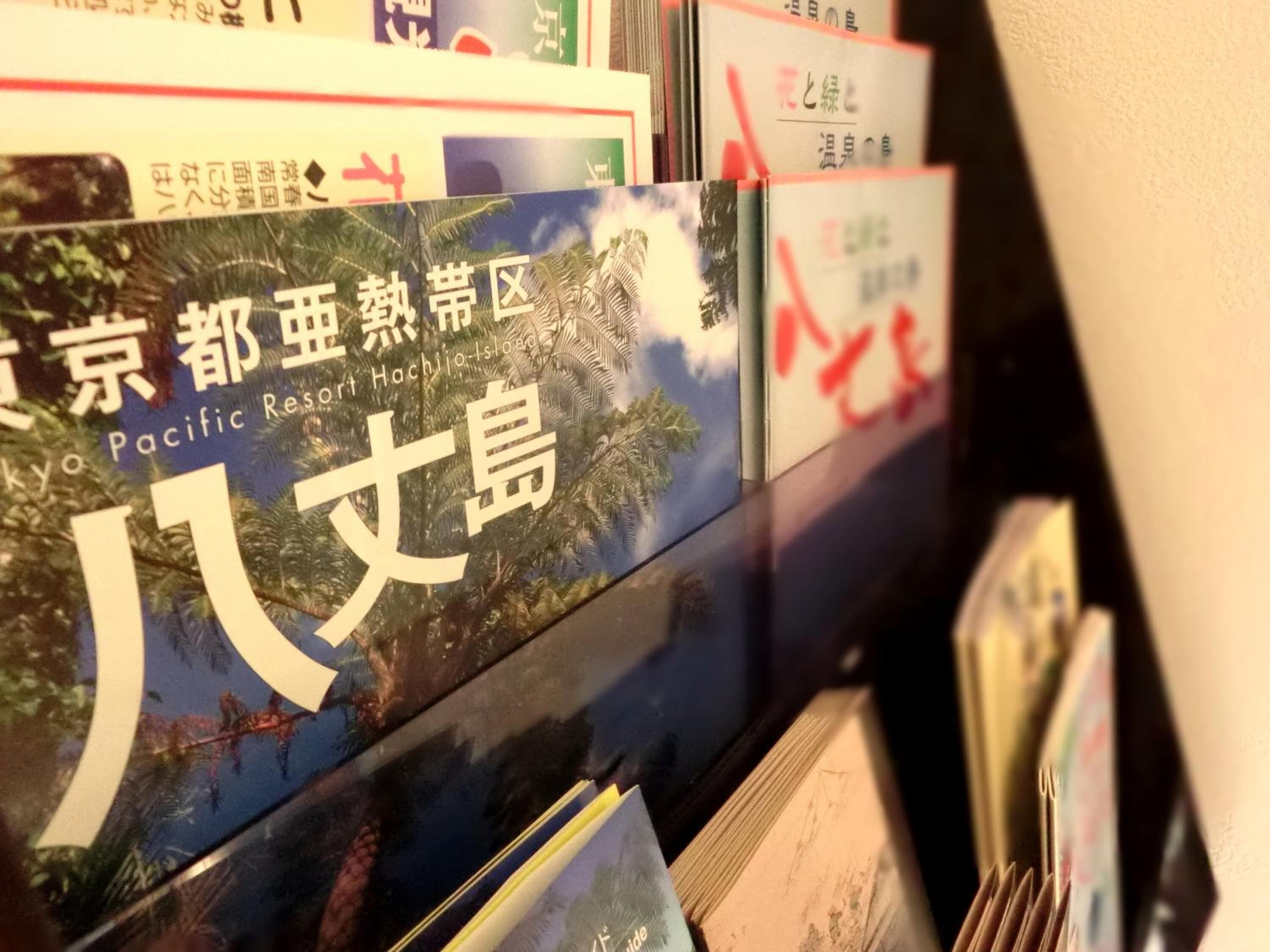 Una pila de folletos de viaje con texto en japonés, incluyendo uno para Pacific Resort Hachijo Island.