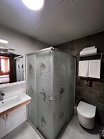 A modern bathroom with a glass shower enclosure, a sink, and a toilet.