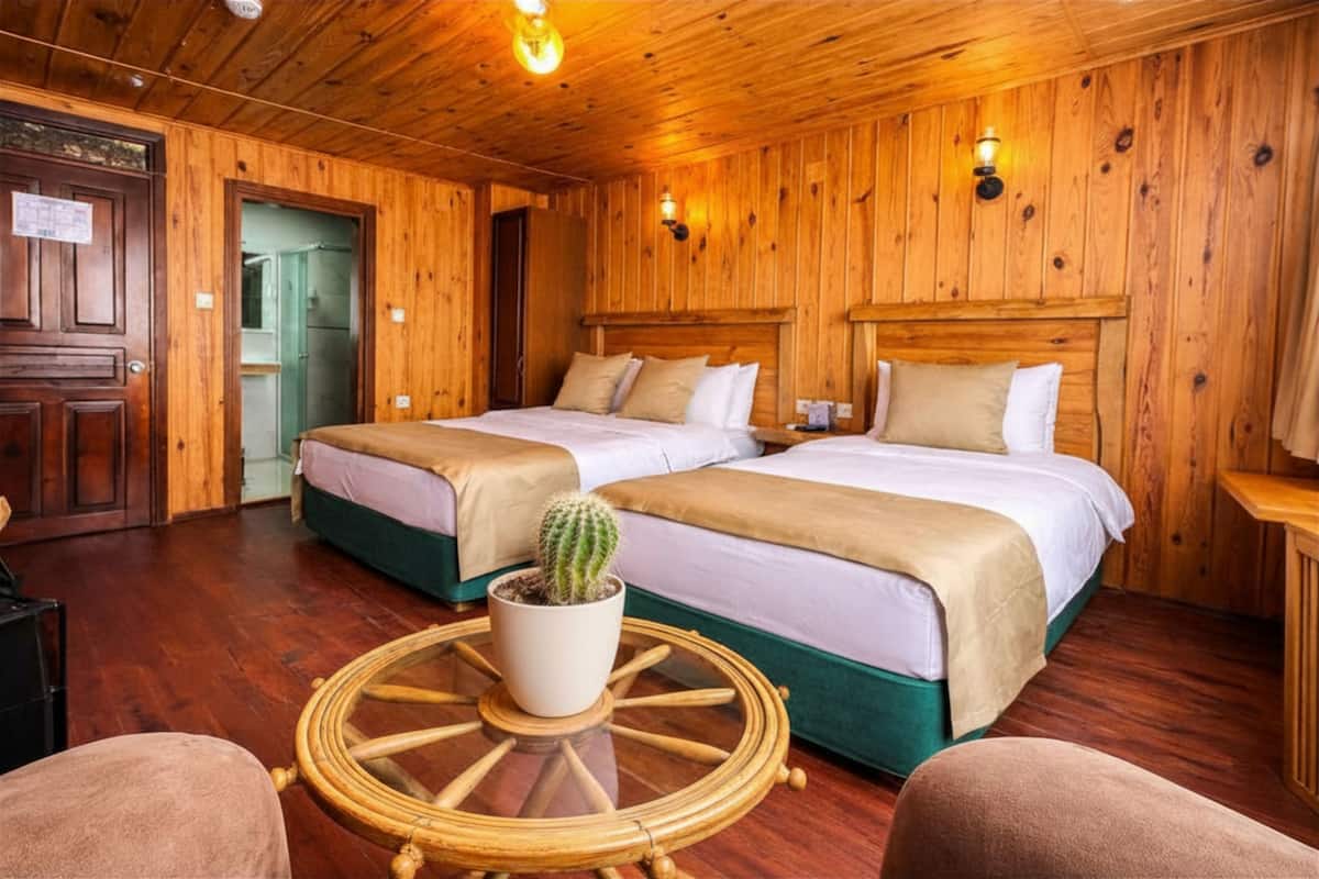 A wooden-floored room with two beds, a potted cactus, and a round table.