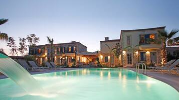 Outdoor pool, pool umbrellas, pool loungers