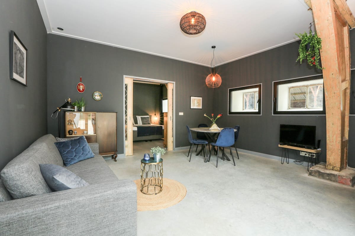 Una sala de estar moderna con un sofá gris, una mesa de comedor con sillas, un televisor y elementos decorativos.