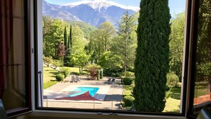 A view through a window of a garden with a pool, a tall tree, and a mountain in the background. - Villa du Parc (Prades)