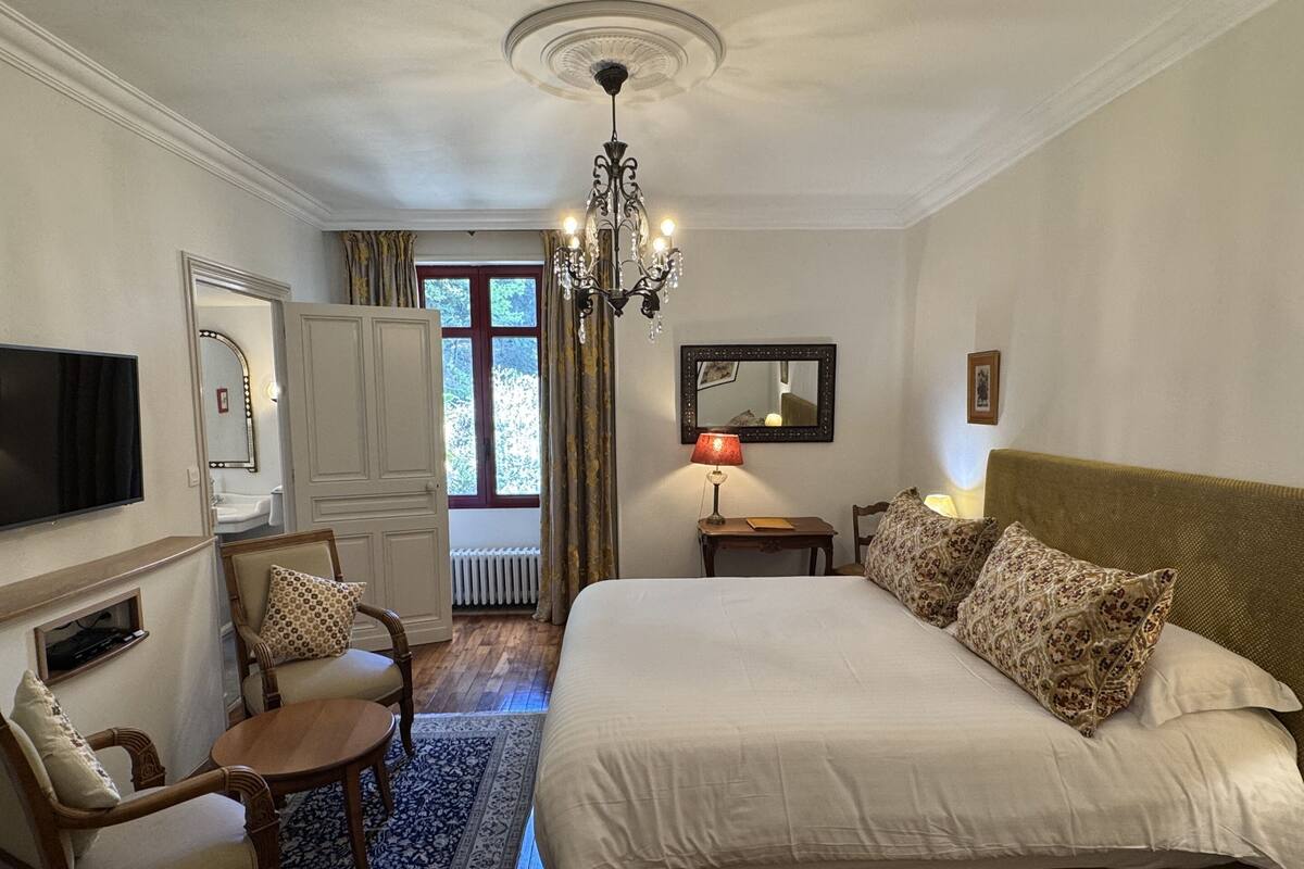 A bedroom with a large bed, a television, a chandelier, and a view of the outdoors.
