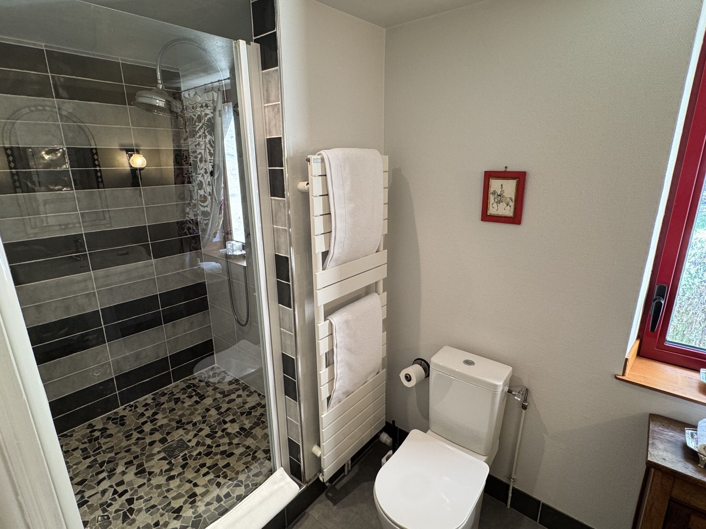Un baño con ducha, inodoro y ventana.