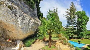 Entorno natural al aire libre con piscina, una palmera y una gran formación rocosa.