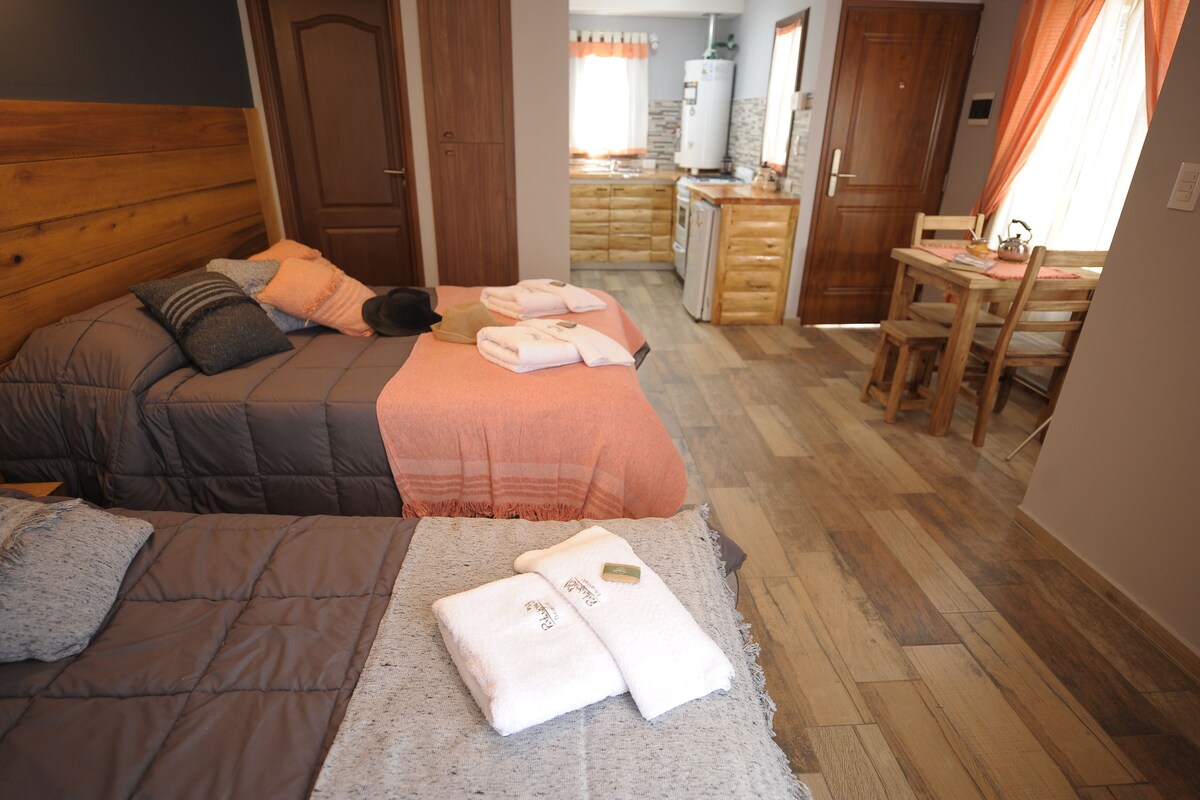 Un dormitorio con dos camas, un cabecero de madera y una pequeña kitchenette al fondo.