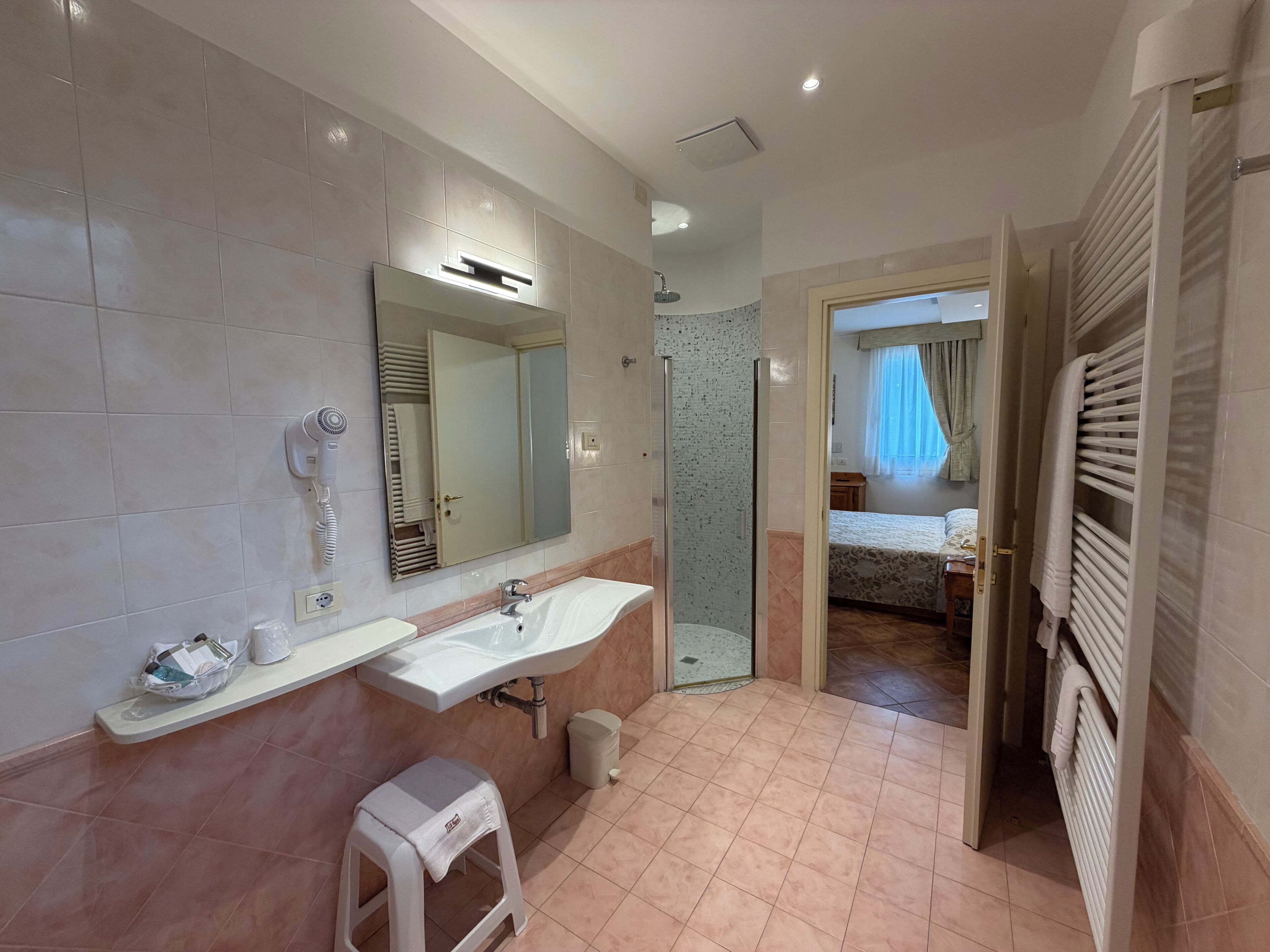 A modern bathroom with a sink, mirror, shower, and a visible bedroom through an open door.