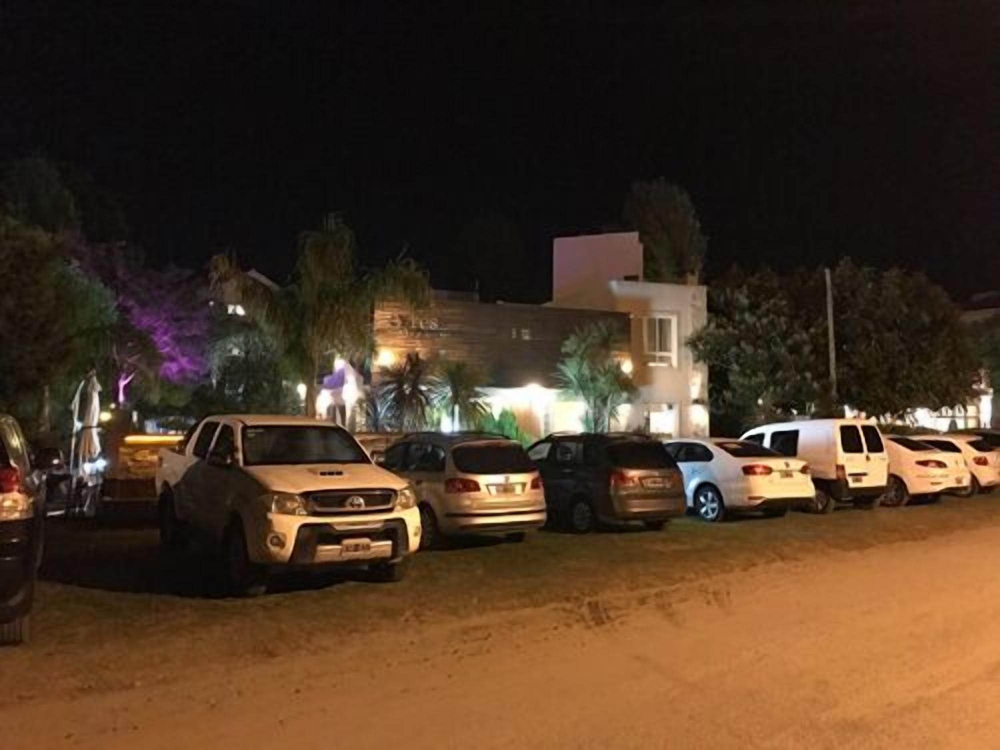 A row of parked cars along a dirt road at night.