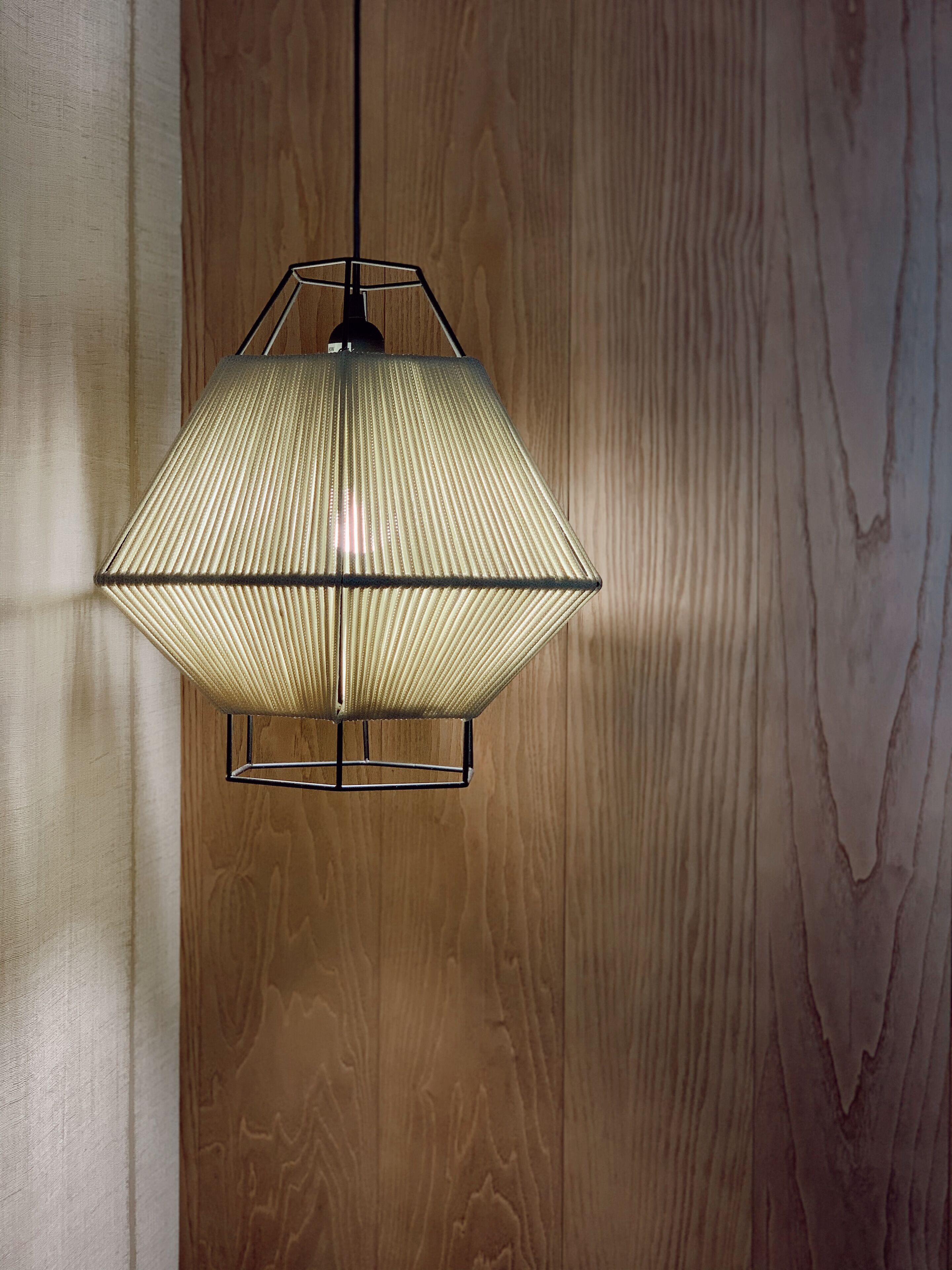 A pendant light fixture with a geometric design, hanging from a ceiling.