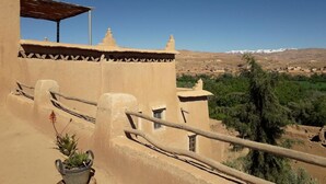 Une terrasse agrémentée d’un pot de fleurs, d’une rambarde en bois et offrant une vue sur un paysage montagneux.