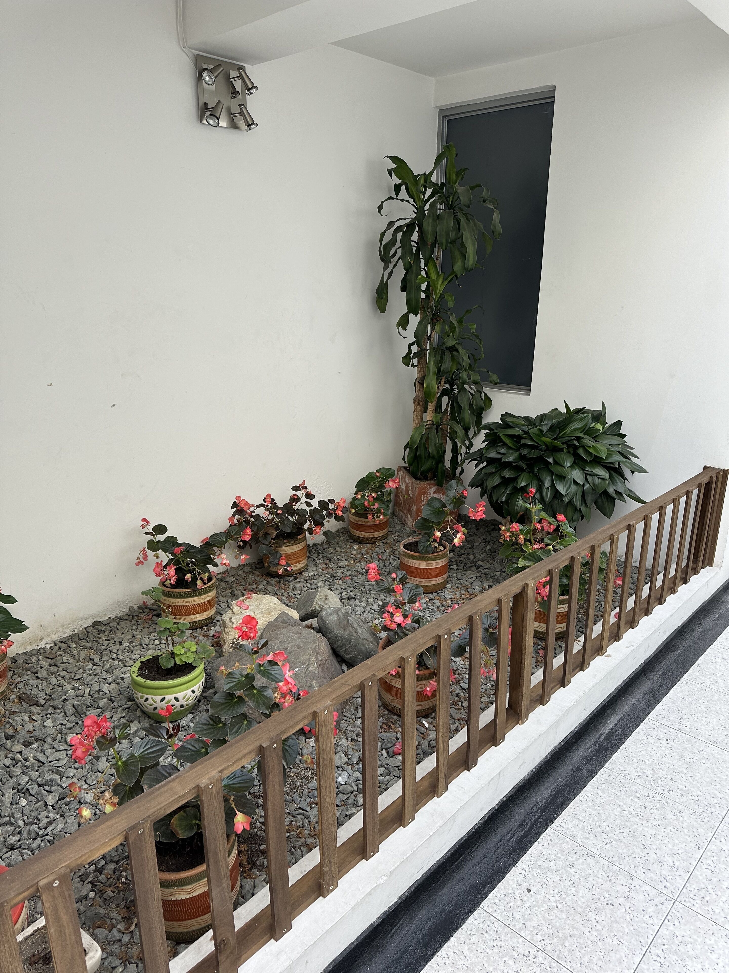 Un balcón con plantas en macetas y baranda de madera.