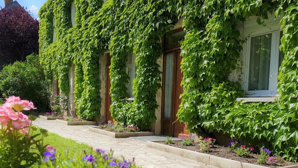 Un bâtiment à la façade en pierre, recouvert de lierre, et un chemin pavé menant à l’entrée.