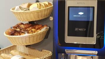 A KREA branded coffee machine with a display screen and two wicker baskets filled with bread and croissants.