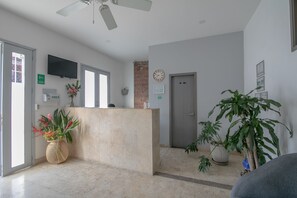 Uma área de recepção com balcão, televisão de tela plana, relógio e plantas em vasos.