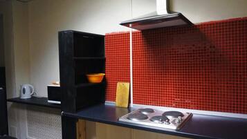 Fridge, microwave, stovetop, cookware/dishes/utensils