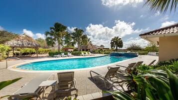 Outdoor pool, pool umbrellas, pool loungers