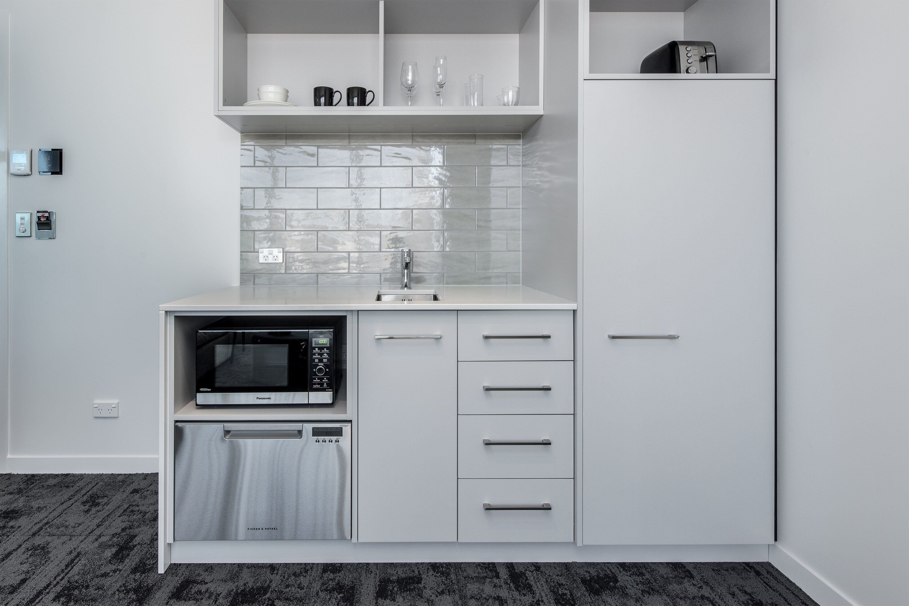 mini-fridge, coffee/tea maker, electric kettle