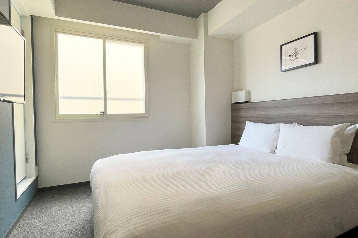 A hotel room with a bed, a window, a framed picture on the wall, and a radiator.
