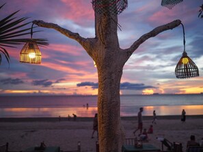Un arbre décoré de guirlandes lumineuses, avec une plage en arrière-plan.