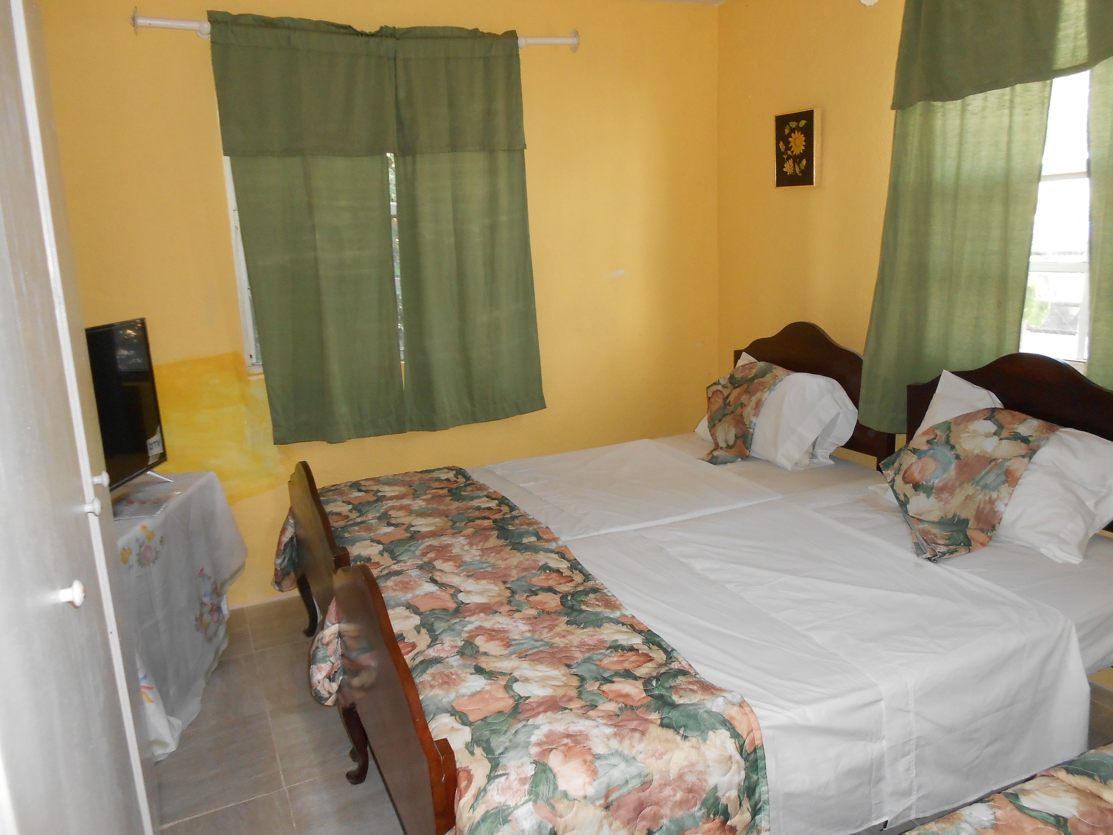 Un dormitorio con dos camas, cortinas verdes, cabecero de madera, una mesita con un televisor y una colcha estampada con motivos florales.
