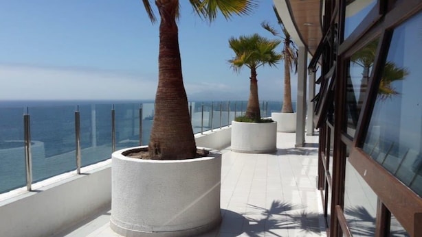 Un balcón con vistas despejadas al océano, palmeras y la fachada moderna de un edificio.