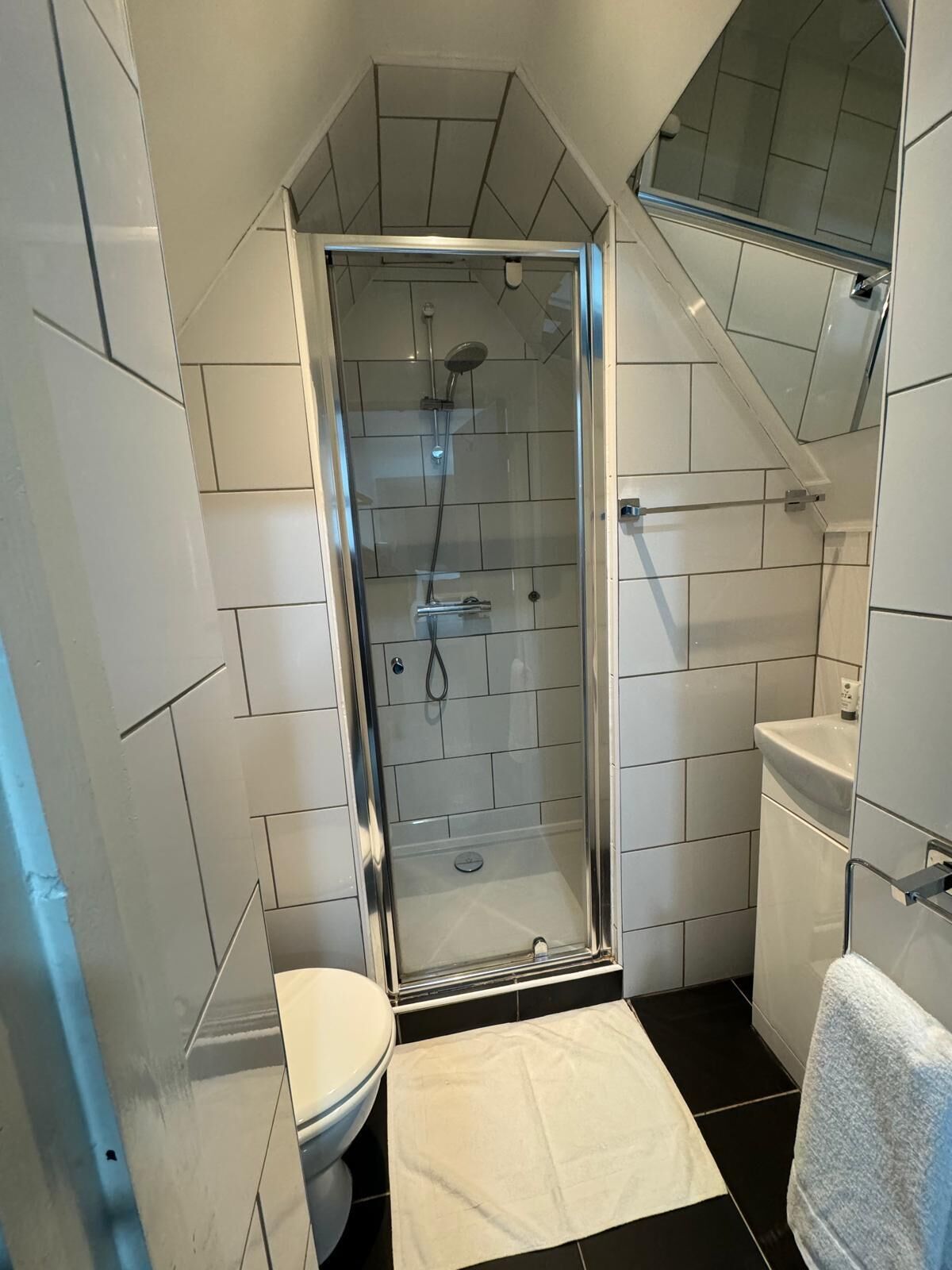 A bathroom with a glass-enclosed shower, a toilet, and a sink.
