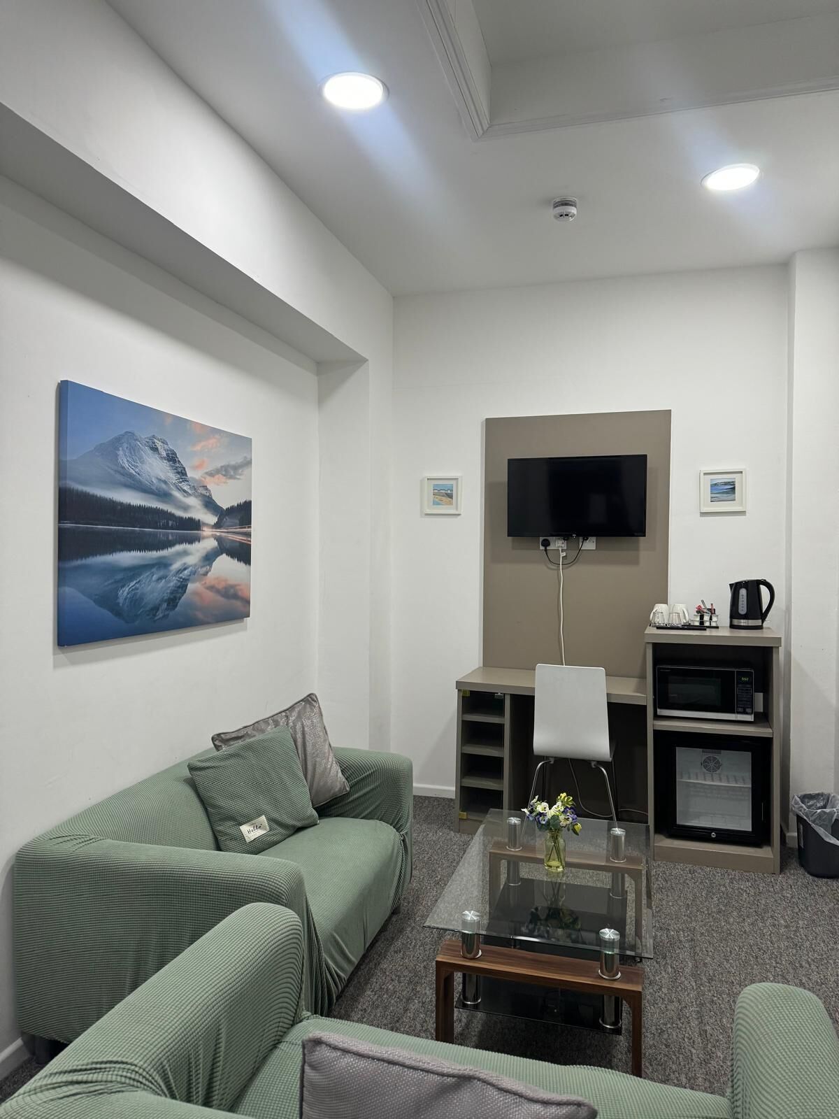 Una sala de estar moderna con un sofá verde, un televisor de pantalla plana, un cafetera y un microondas.