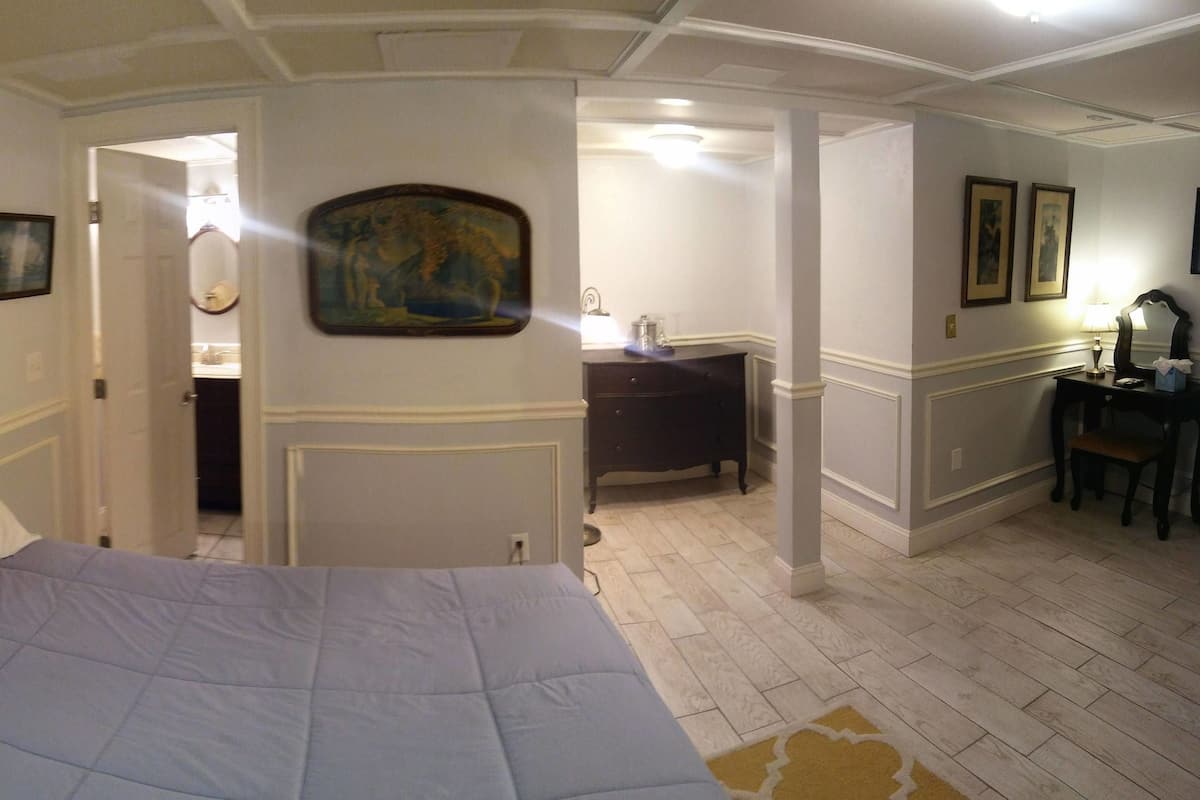 A bedroom with a bed, a nightstand, a lamp, an air conditioning unit, a painting, and a mirror.