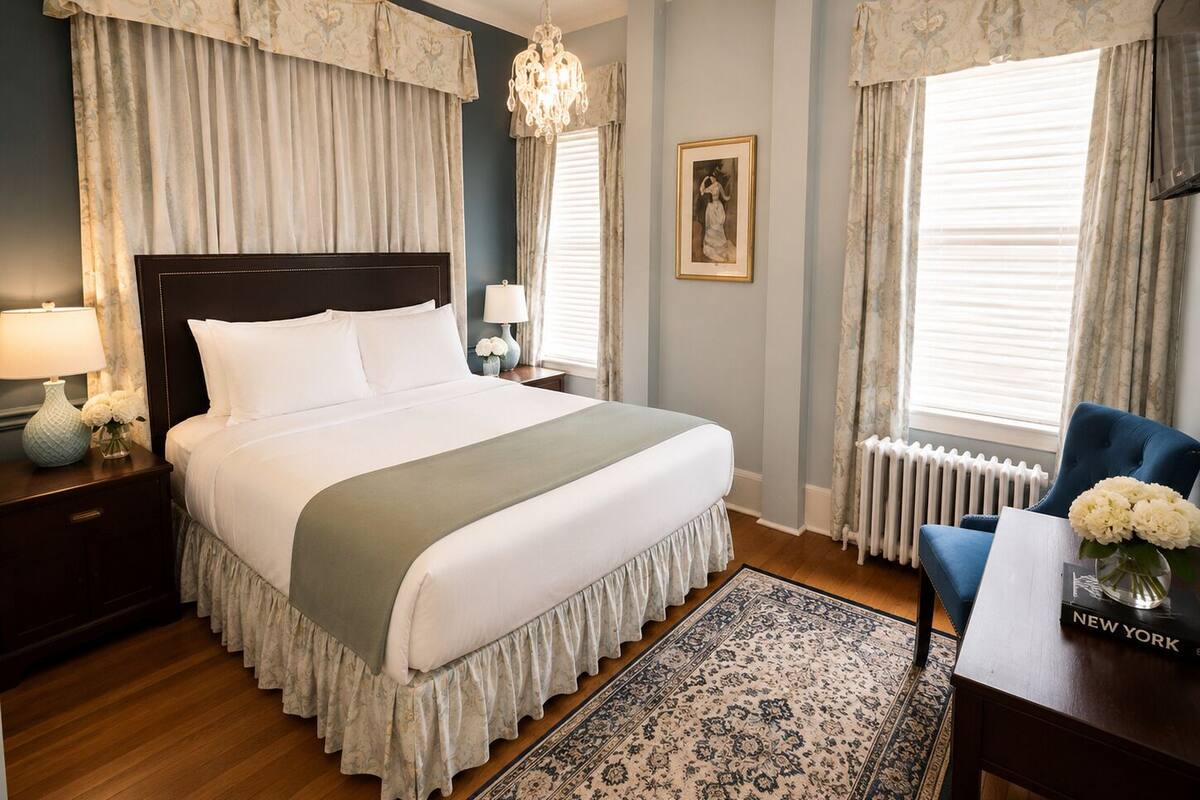 A neatly arranged bedroom with a large bed, a chandelier, a framed picture on the wall, and a blue chair.