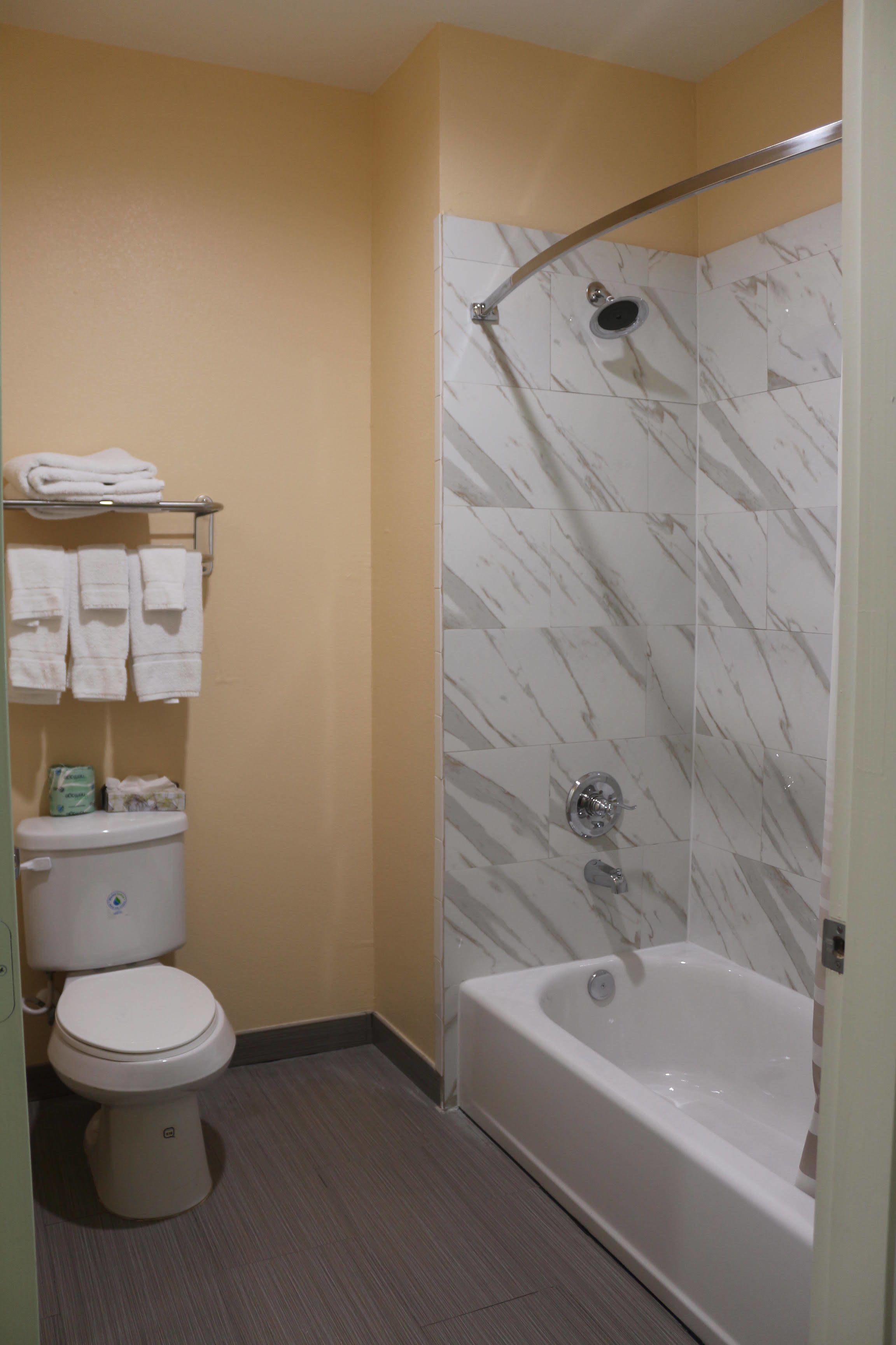 combined shower/bathtub, free toiletries, towels