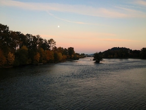 A river with a bridge in the distance, surrounded by trees.