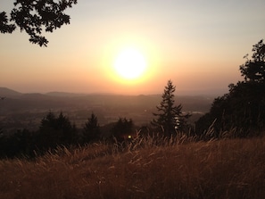 A sunset over a hilly landscape with trees and a clear sky.