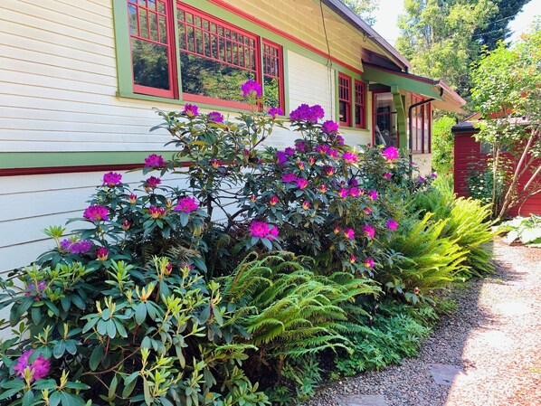 Une maison avec un jardin, un chemin et un portail rouge.