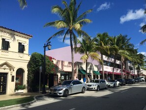 A street lined with palm trees and parked cars, including a Bentley.