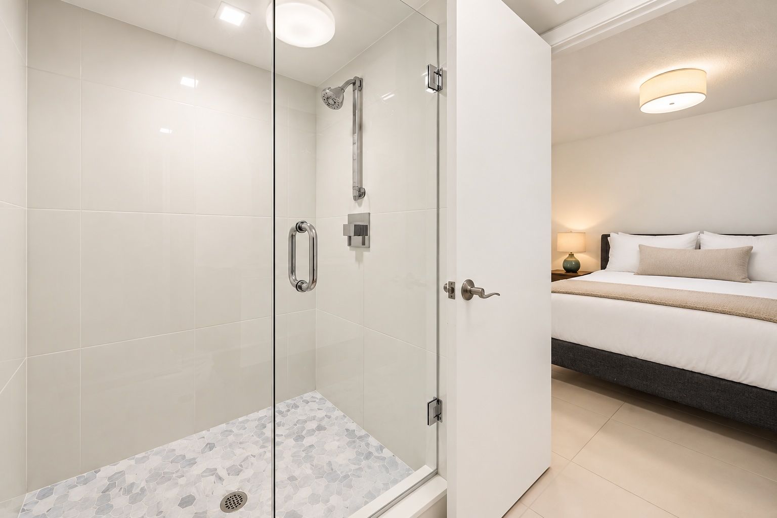 Une salle de bain moderne avec une douche à parois de verre, un lit avec une tête de lit et une lampe de chevet.