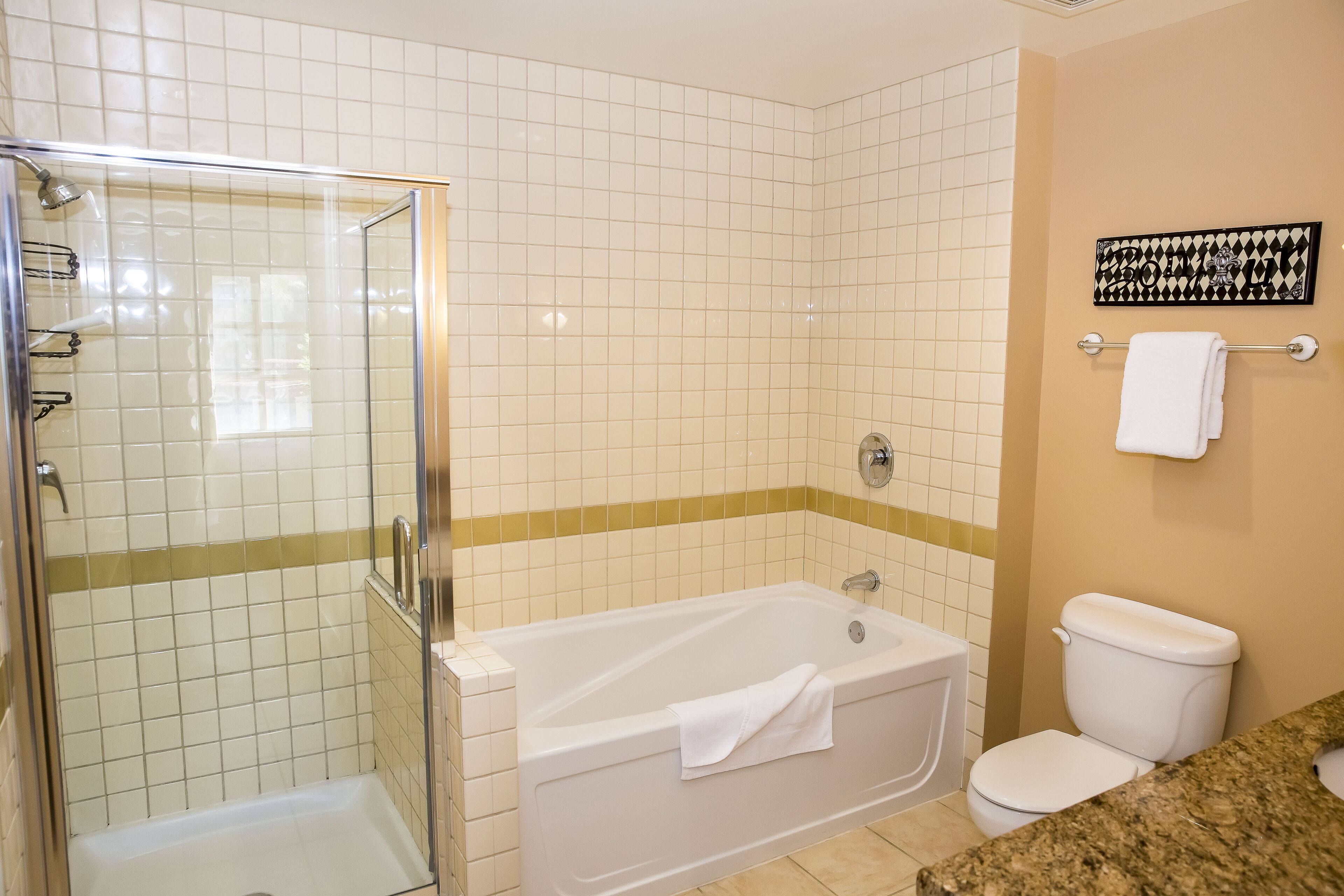 A bathroom with a glass-enclosed shower, a bathtub, and a toilet.