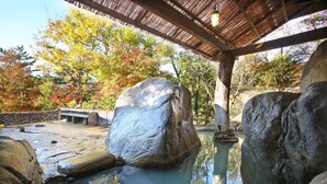 Jardín de rocas con un puente de piedra y un pabellón de madera.