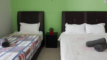 A room with two beds, each with a different style of bedding. There is a small table with a plant between the beds.