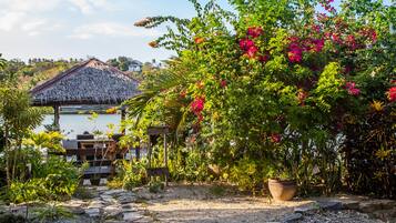 A garden with a thatched-roof structure, a large potted plant, and a rocky pathway.