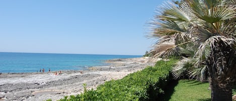 On the beach, sun-loungers