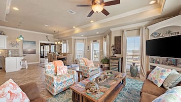 TV connectée, cheminée, livres