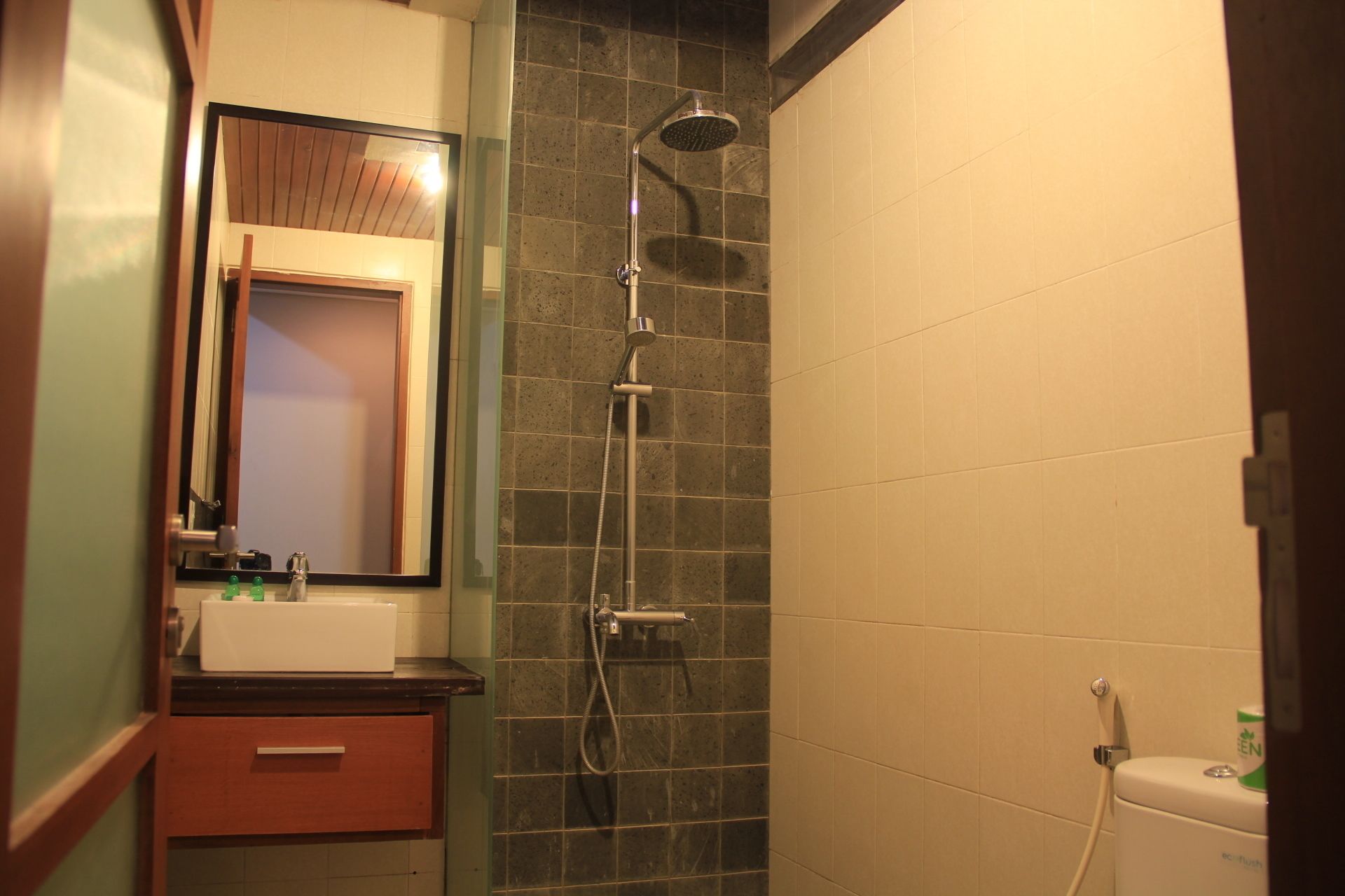 A bathroom with a shower, a sink with a mirror, and a toilet.